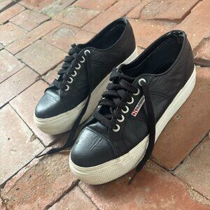 Superga Black Leather Platform Sneakers Size 8.5